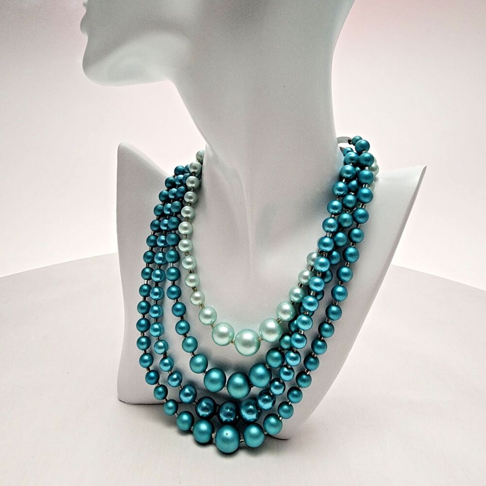 Vintage 1950s Japan 4 Strand Teal Seafoam Faux Pearl Choker Necklace